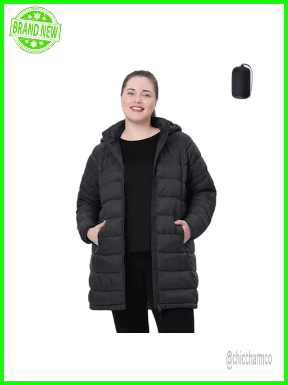 Plus Size Packable Puffer Jacket Water-Resistant Lightweight Mid-Length Coat